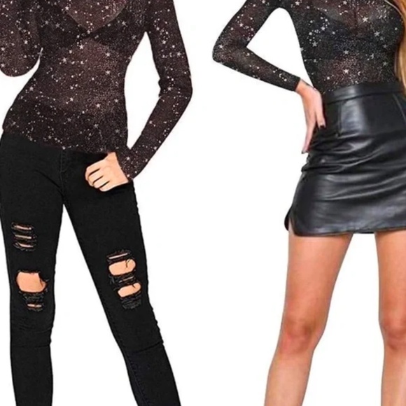 Mangopop Celestial Black Sheer Top Stars Whimsigoth Metallic Festival Rave Sm - Picture 4 of 11